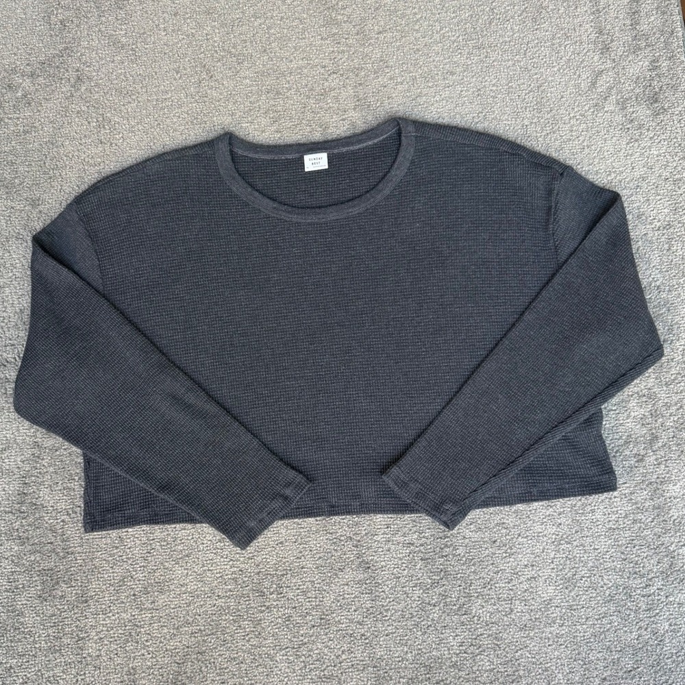 Sunday Best Aritzia Charcoal Grey Waffle Knit Cropped Long Sleeve Top XL